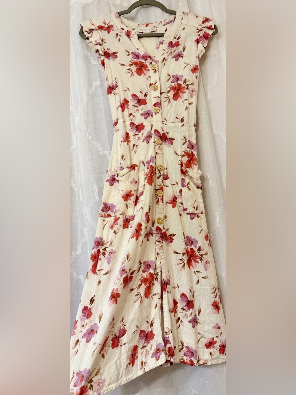 Monteau Cream Floral Midi Dress Medium Cottagecore Button Front Dress - Picture 9 of 16